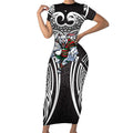 South Sydney Rabbitohs Rugby Short Sleeve Bodycon Dress Polynesian Tribal Rabbit Warrior Black White Pattern