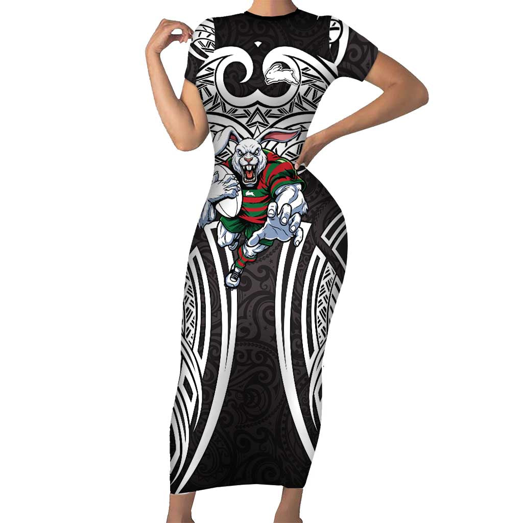South Sydney Rabbitohs Rugby Short Sleeve Bodycon Dress Polynesian Tribal Rabbit Warrior Black White Pattern