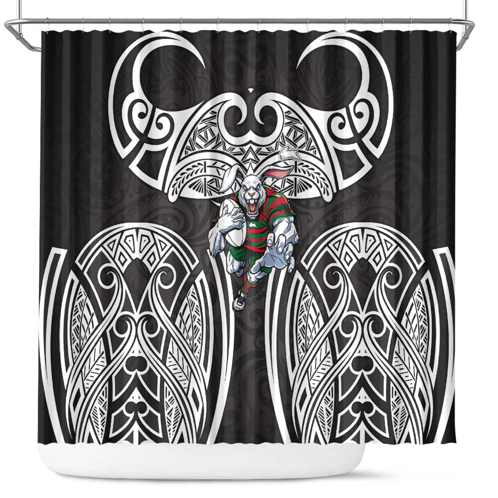 South Sydney Rabbitohs Rugby Shower Curtain Polynesian Tribal Rabbit Warrior Black White Pattern