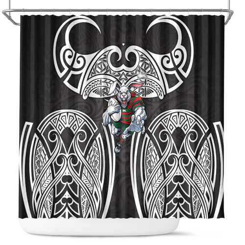 South Sydney Rabbitohs Rugby Shower Curtain Polynesian Tribal Rabbit Warrior Black White Pattern