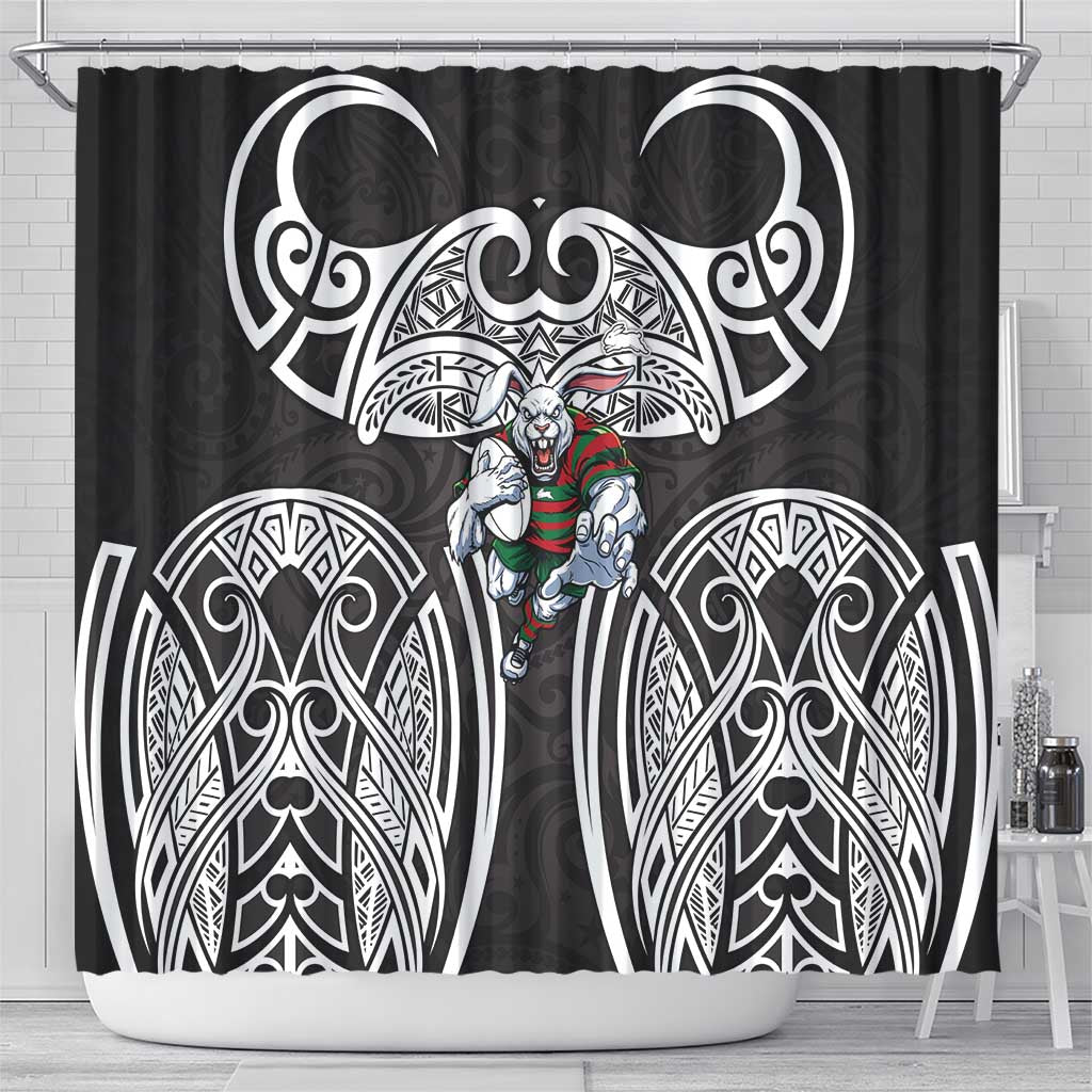 South Sydney Rabbitohs Rugby Shower Curtain Polynesian Tribal Rabbit Warrior Black White Pattern