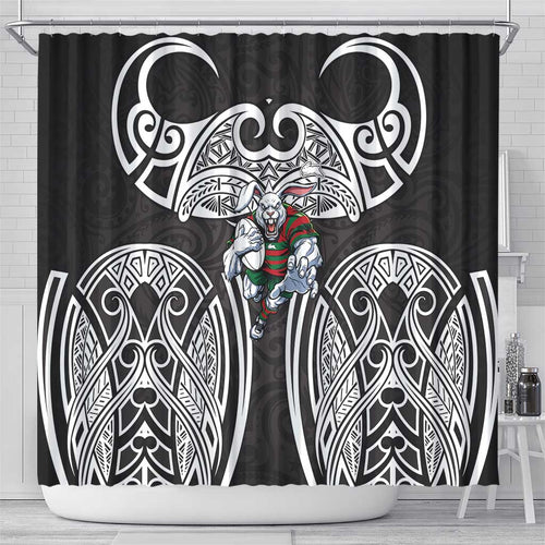 South Sydney Rabbitohs Rugby Shower Curtain Polynesian Tribal Rabbit Warrior Black White Pattern