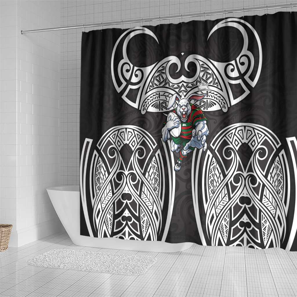 South Sydney Rabbitohs Rugby Shower Curtain Polynesian Tribal Rabbit Warrior Black White Pattern