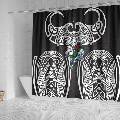 South Sydney Rabbitohs Rugby Shower Curtain Polynesian Tribal Rabbit Warrior Black White Pattern