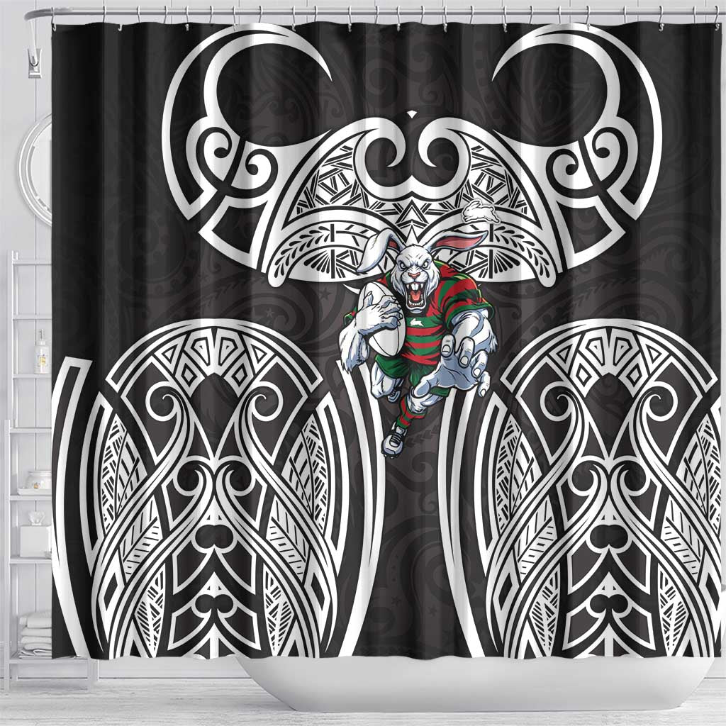 South Sydney Rabbitohs Rugby Shower Curtain Polynesian Tribal Rabbit Warrior Black White Pattern