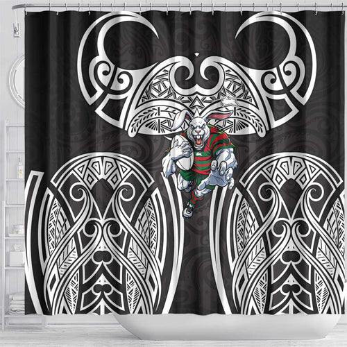 South Sydney Rabbitohs Rugby Shower Curtain Polynesian Tribal Rabbit Warrior Black White Pattern
