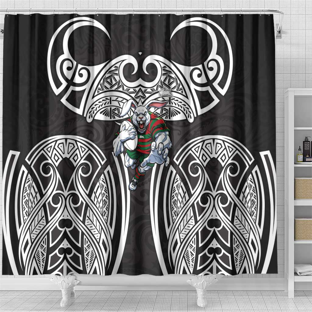 South Sydney Rabbitohs Rugby Shower Curtain Polynesian Tribal Rabbit Warrior Black White Pattern