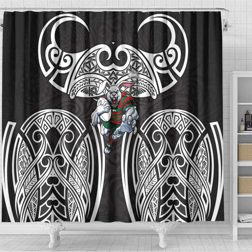 South Sydney Rabbitohs Rugby Shower Curtain Polynesian Tribal Rabbit Warrior Black White Pattern