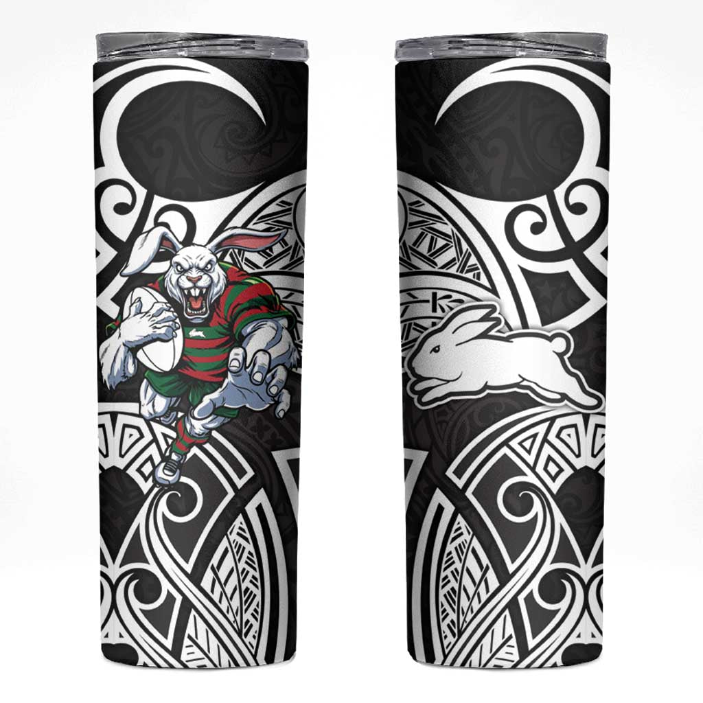 South Sydney Rabbitohs Rugby Skinny Tumbler Polynesian Tribal Rabbit Warrior Black White Pattern