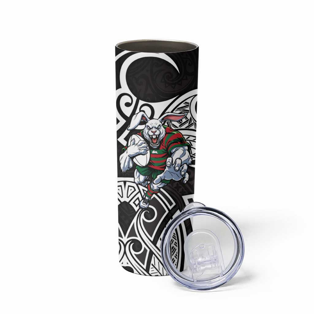 South Sydney Rabbitohs Rugby Skinny Tumbler Polynesian Tribal Rabbit Warrior Black White Pattern