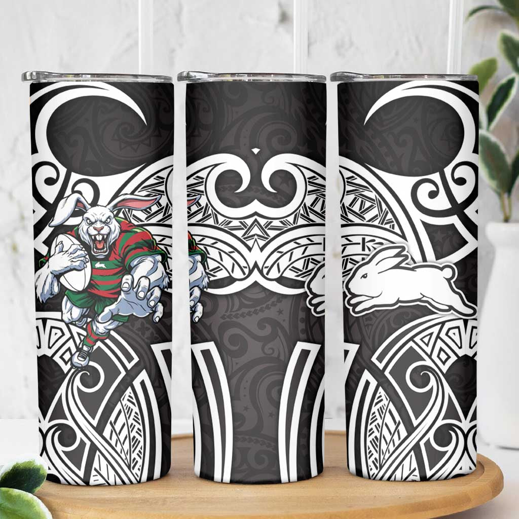 South Sydney Rabbitohs Rugby Skinny Tumbler Polynesian Tribal Rabbit Warrior Black White Pattern