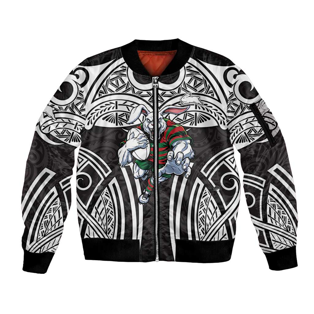 South Sydney Rabbitohs Rugby Sleeve Zip Bomber Jacket Polynesian Tribal Rabbit Warrior Black White Pattern