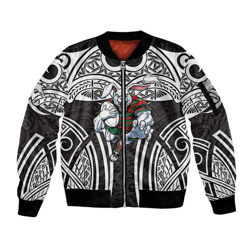 South Sydney Rabbitohs Rugby Sleeve Zip Bomber Jacket Polynesian Tribal Rabbit Warrior Black White Pattern