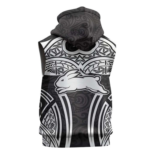South Sydney Rabbitohs Rugby Sleeveless Hoodie Polynesian Tribal Rabbit Warrior Black White Pattern