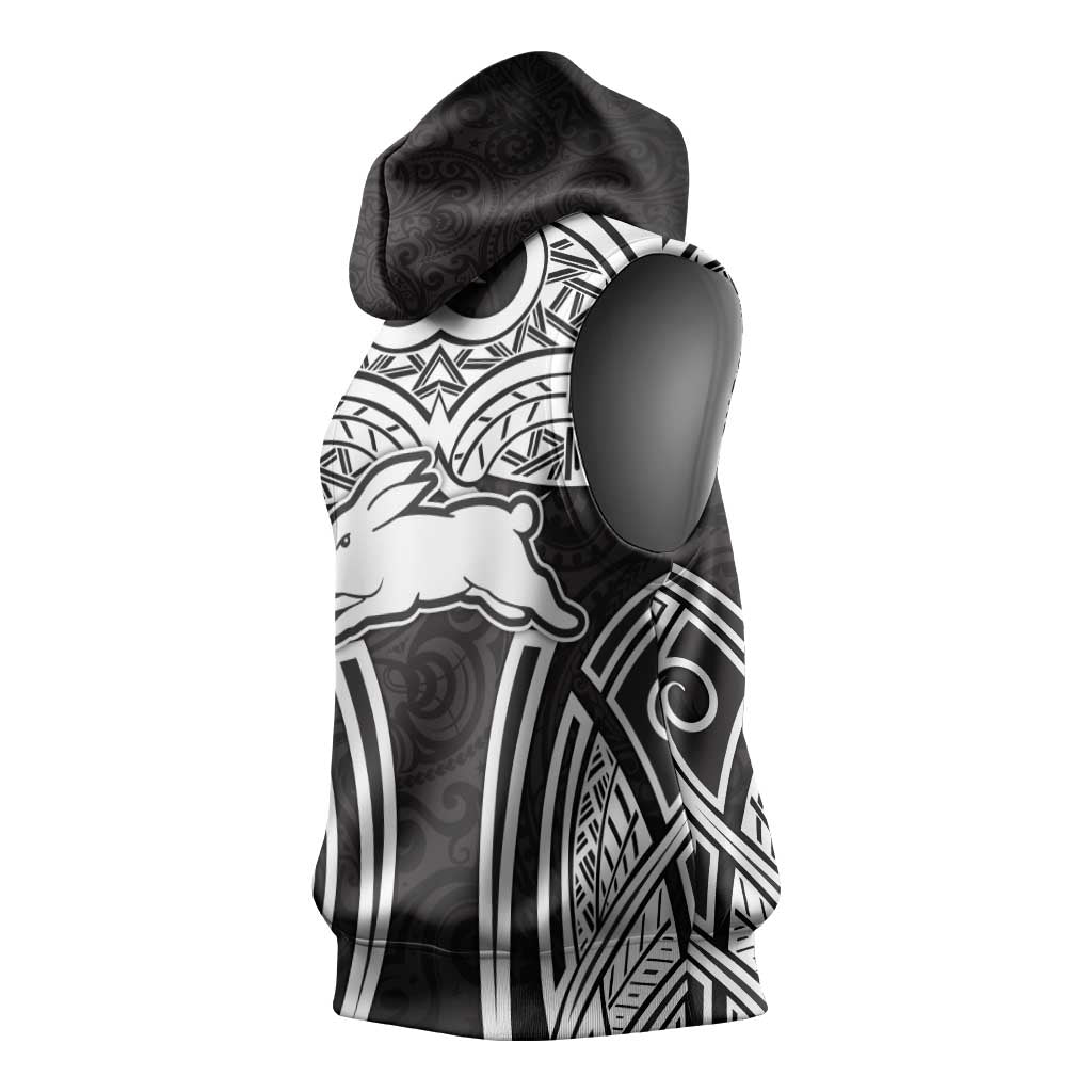 South Sydney Rabbitohs Rugby Sleeveless Hoodie Polynesian Tribal Rabbit Warrior Black White Pattern