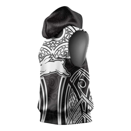 South Sydney Rabbitohs Rugby Sleeveless Hoodie Polynesian Tribal Rabbit Warrior Black White Pattern