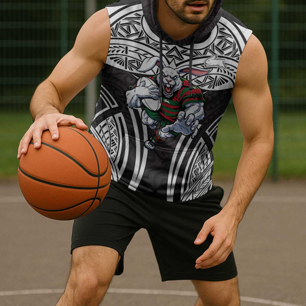 South Sydney Rabbitohs Rugby Sleeveless Hoodie Polynesian Tribal Rabbit Warrior Black White Pattern