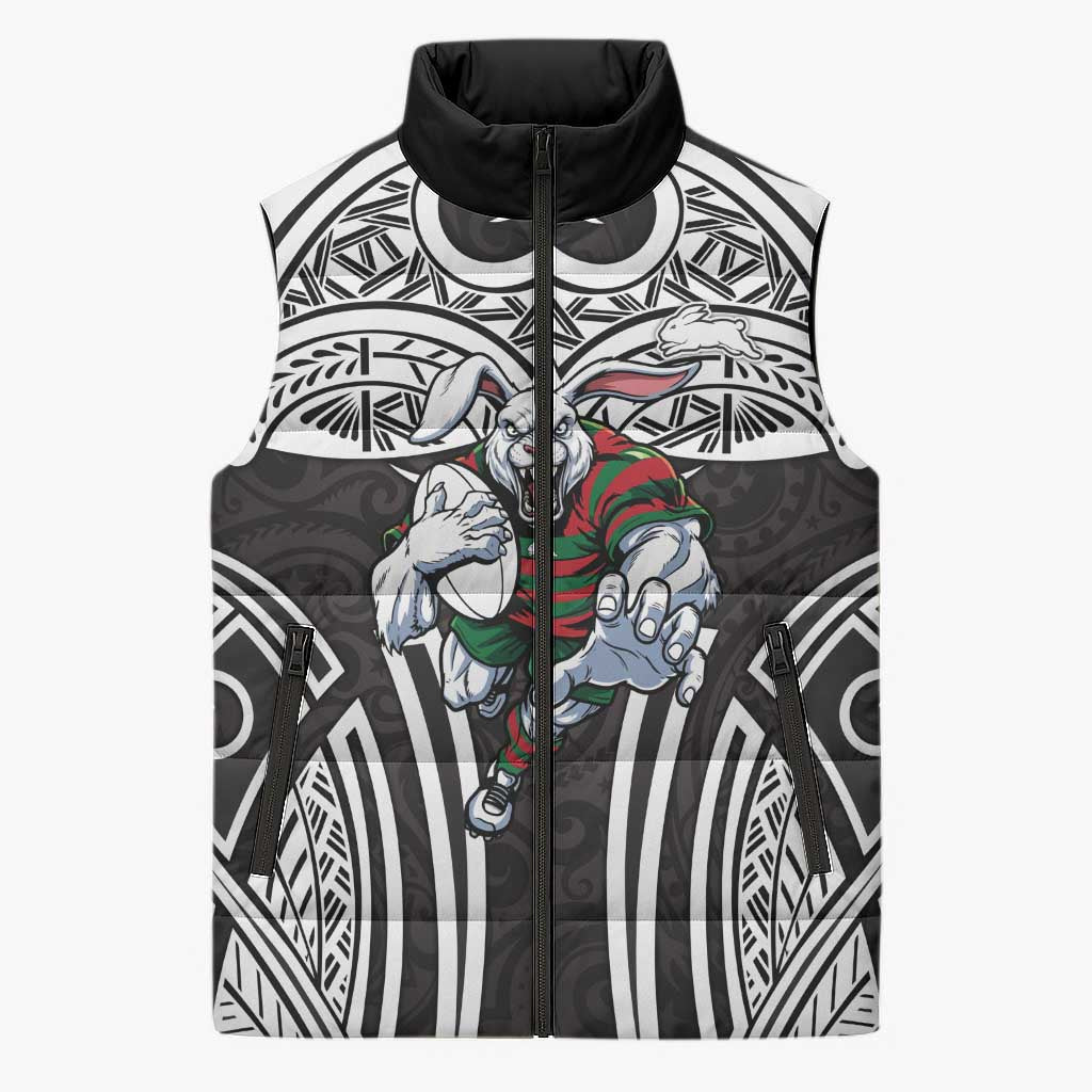 South Sydney Rabbitohs Rugby Sleeveless Puffer Jacket Polynesian Tribal Rabbit Warrior Black White Pattern