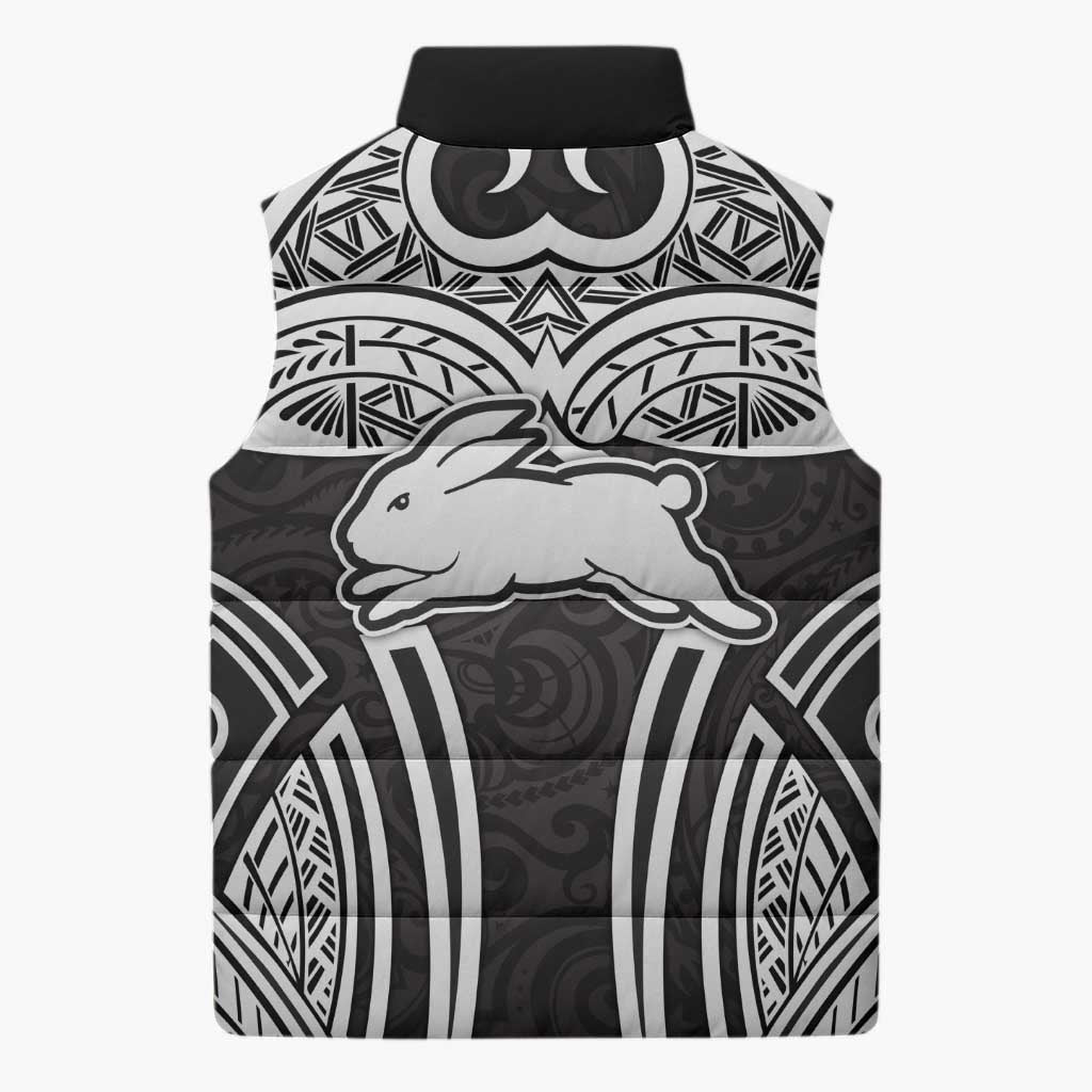 South Sydney Rabbitohs Rugby Sleeveless Puffer Jacket Polynesian Tribal Rabbit Warrior Black White Pattern