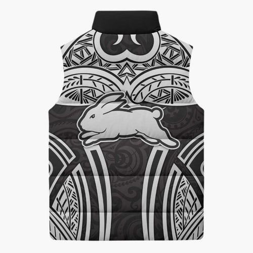South Sydney Rabbitohs Rugby Sleeveless Puffer Jacket Polynesian Tribal Rabbit Warrior Black White Pattern
