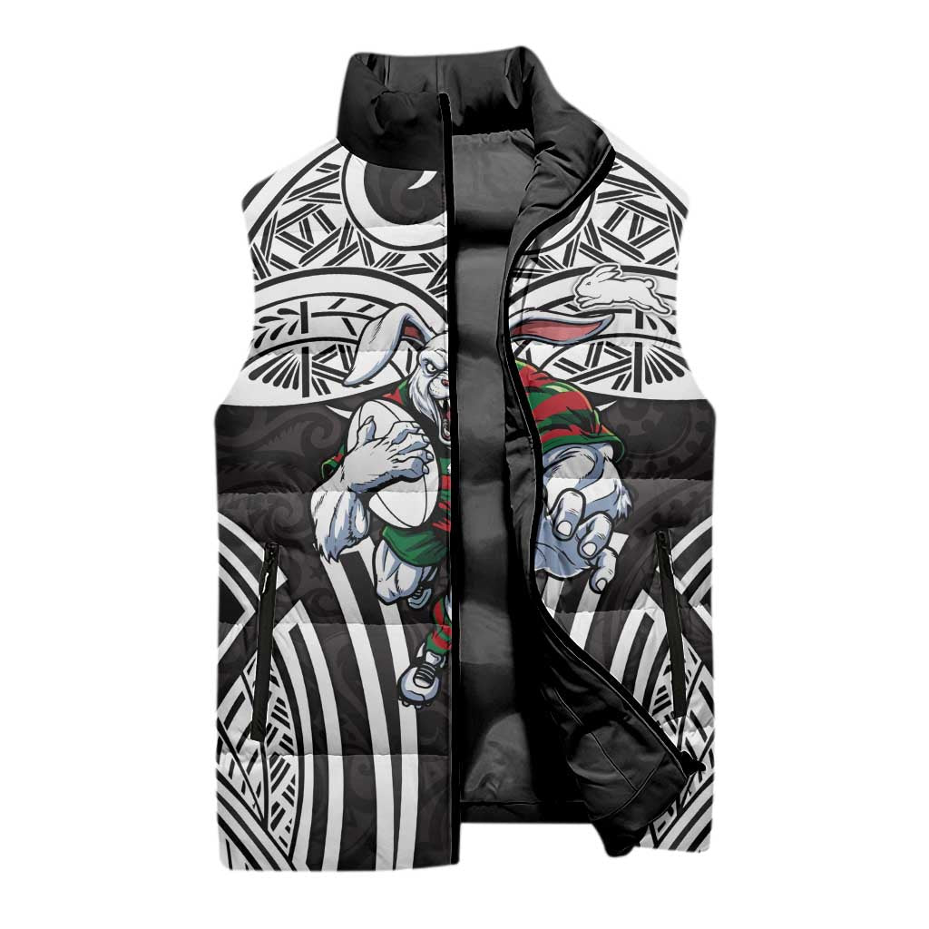 South Sydney Rabbitohs Rugby Sleeveless Puffer Jacket Polynesian Tribal Rabbit Warrior Black White Pattern