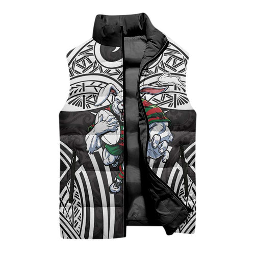 South Sydney Rabbitohs Rugby Sleeveless Puffer Jacket Polynesian Tribal Rabbit Warrior Black White Pattern