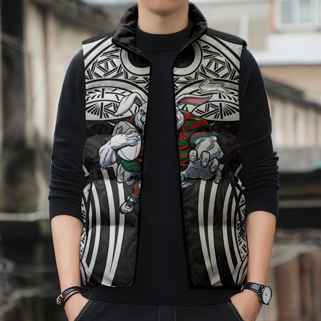 South Sydney Rabbitohs Rugby Sleeveless Puffer Jacket Polynesian Tribal Rabbit Warrior Black White Pattern