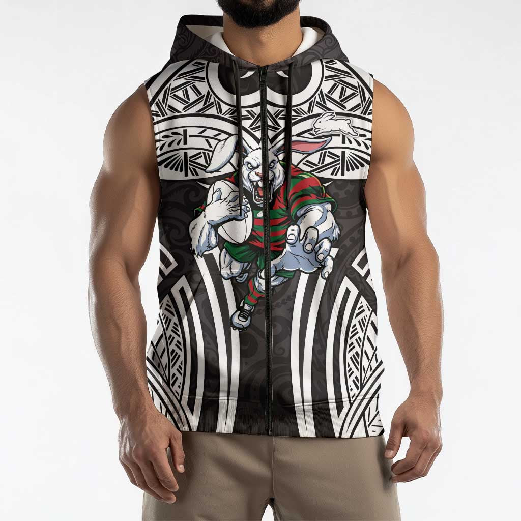 South Sydney Rabbitohs Rugby Sleeveless Zip Hoodie Polynesian Tribal Rabbit Warrior Black White Pattern
