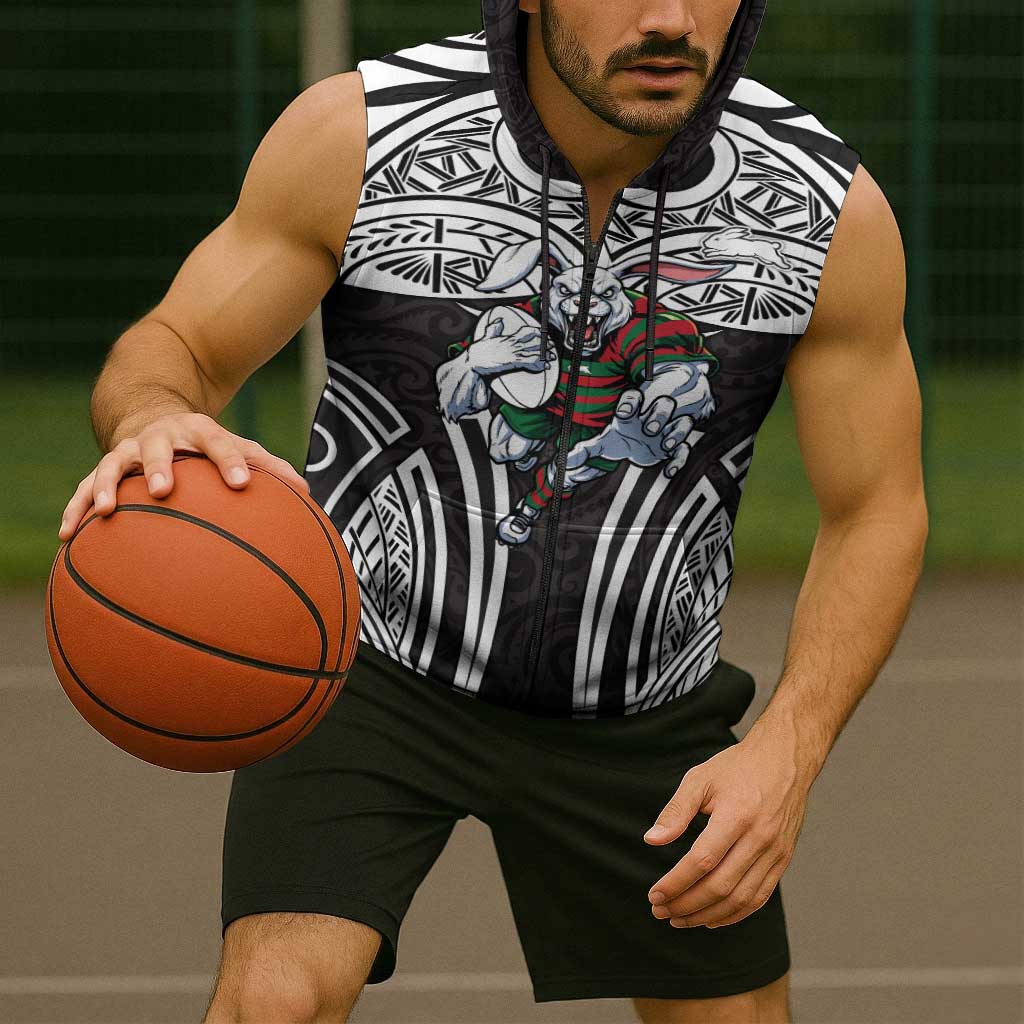 South Sydney Rabbitohs Rugby Sleeveless Zip Hoodie Polynesian Tribal Rabbit Warrior Black White Pattern