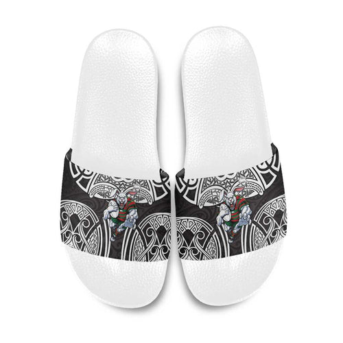 South Sydney Rabbitohs Rugby Slide Sandals Polynesian Tribal Rabbit Warrior Black White Pattern