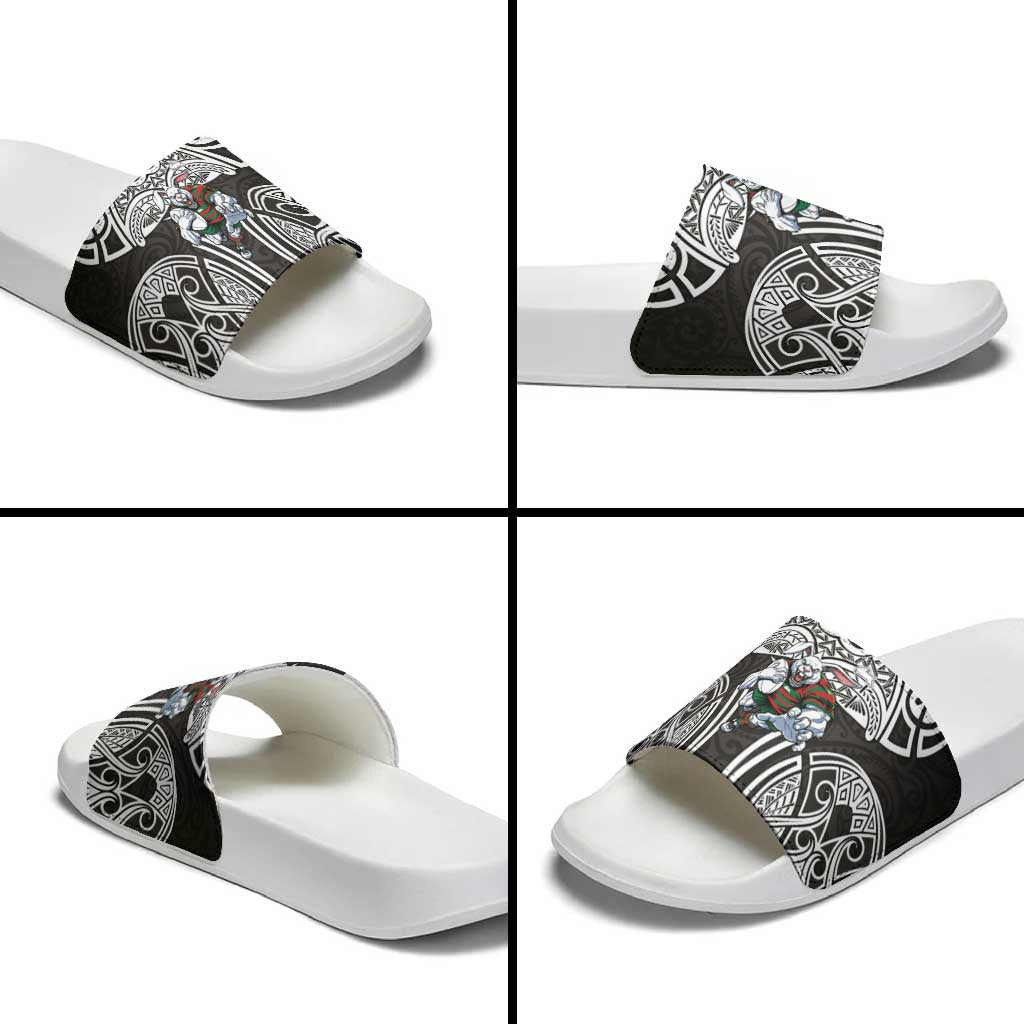 South Sydney Rabbitohs Rugby Slide Sandals Polynesian Tribal Rabbit Warrior Black White Pattern