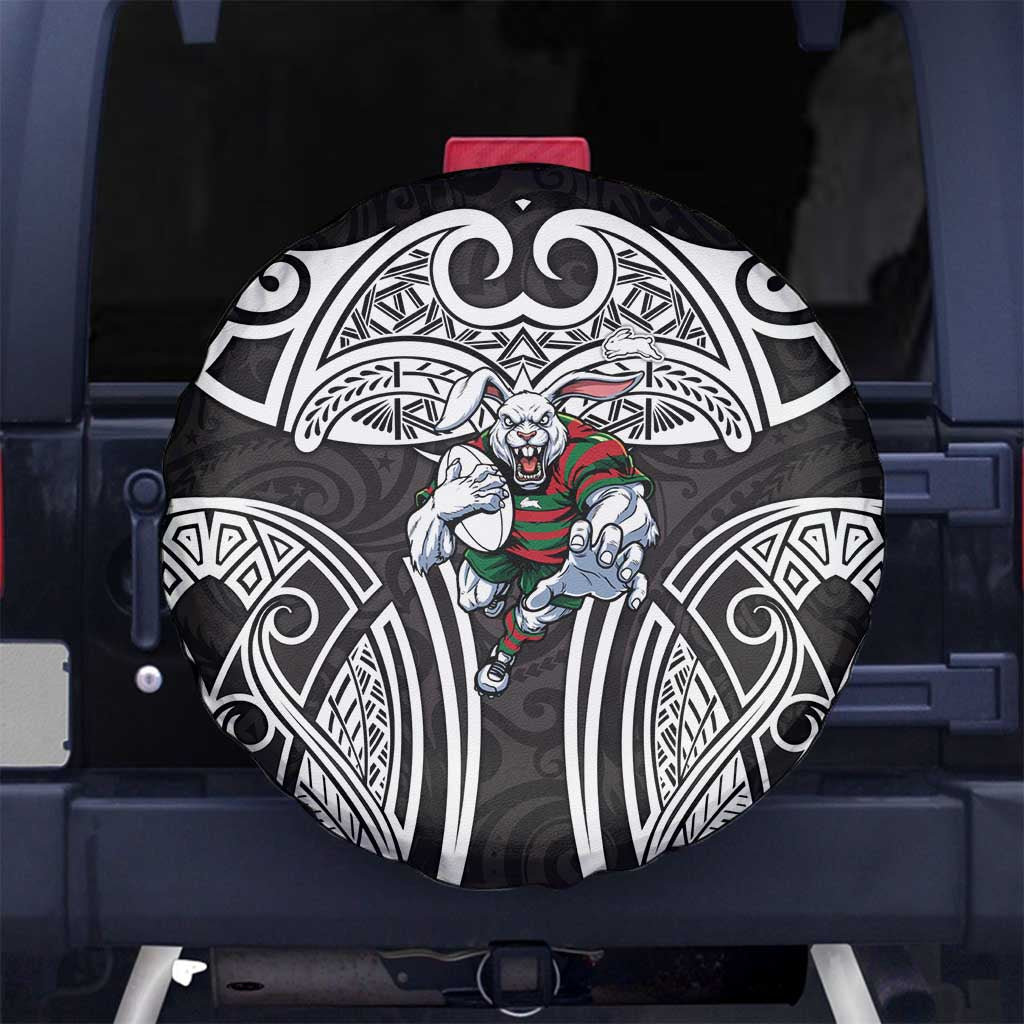 South Sydney Rabbitohs Rugby Spare Tire Cover Polynesian Tribal Rabbit Warrior Black White Pattern