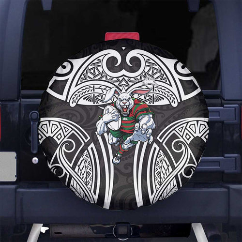 South Sydney Rabbitohs Rugby Spare Tire Cover Polynesian Tribal Rabbit Warrior Black White Pattern