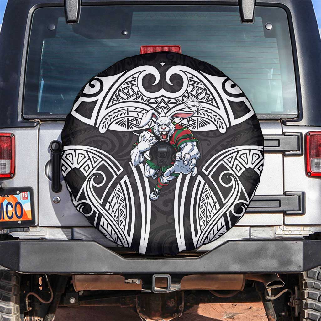 South Sydney Rabbitohs Rugby Spare Tire Cover Polynesian Tribal Rabbit Warrior Black White Pattern