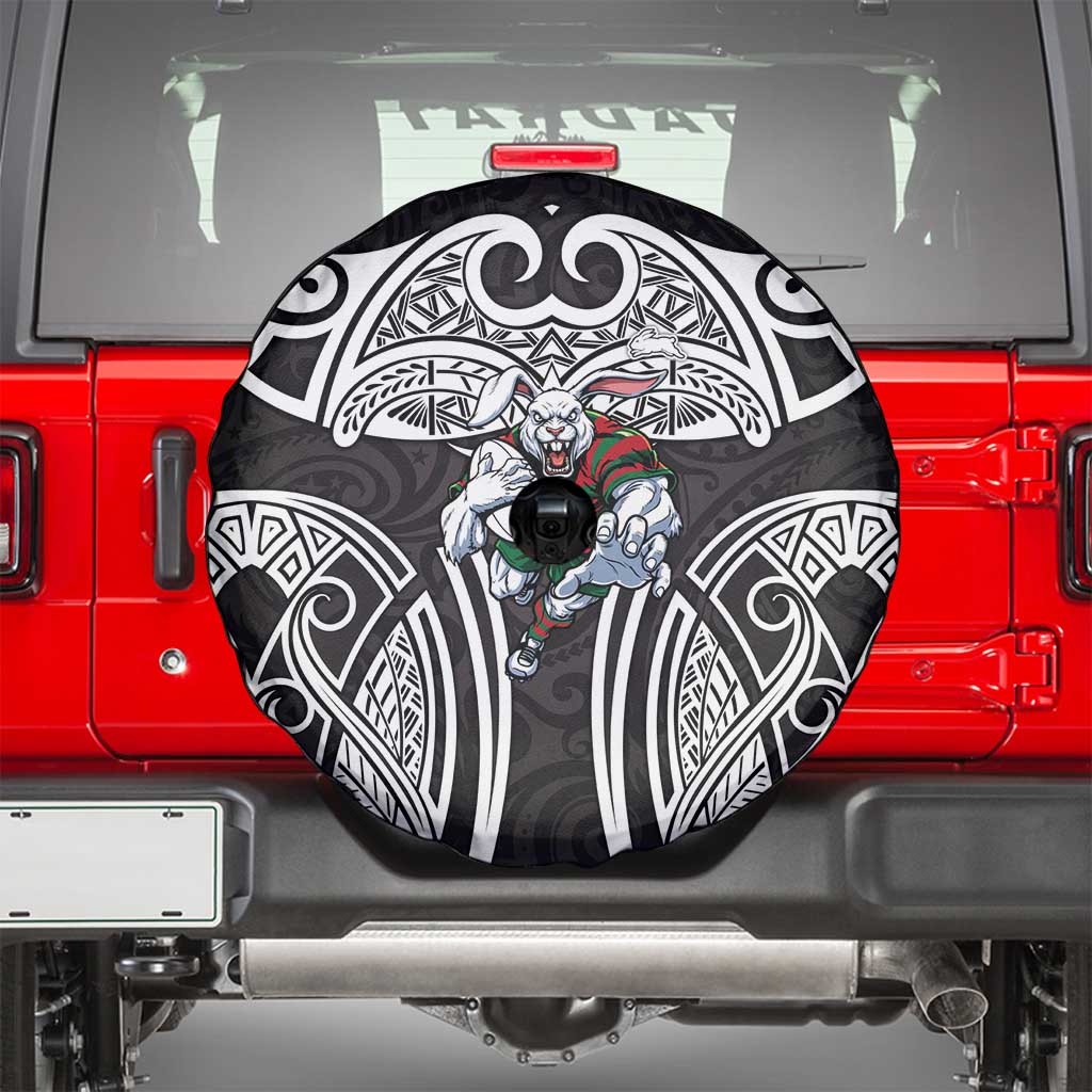 South Sydney Rabbitohs Rugby Spare Tire Cover Polynesian Tribal Rabbit Warrior Black White Pattern