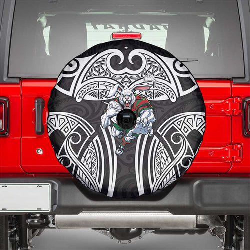 South Sydney Rabbitohs Rugby Spare Tire Cover Polynesian Tribal Rabbit Warrior Black White Pattern