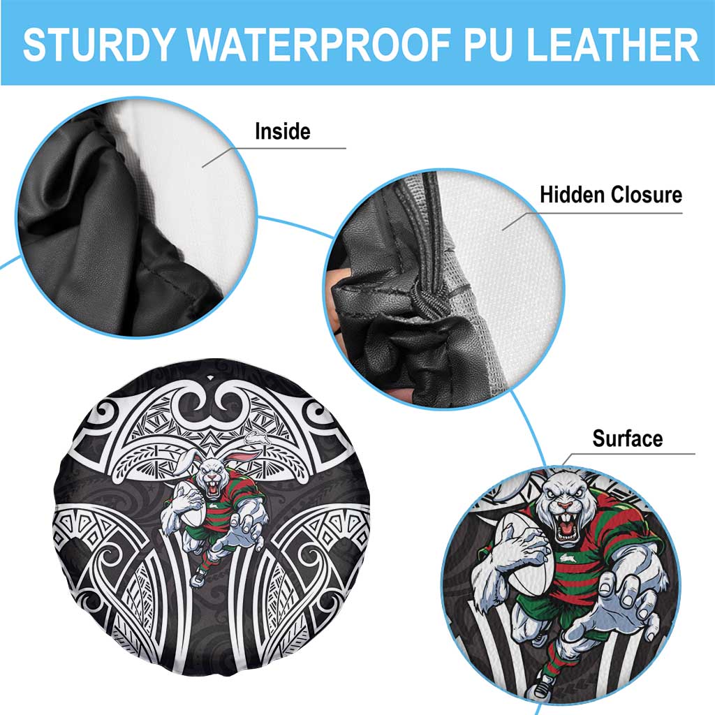 South Sydney Rabbitohs Rugby Spare Tire Cover Polynesian Tribal Rabbit Warrior Black White Pattern
