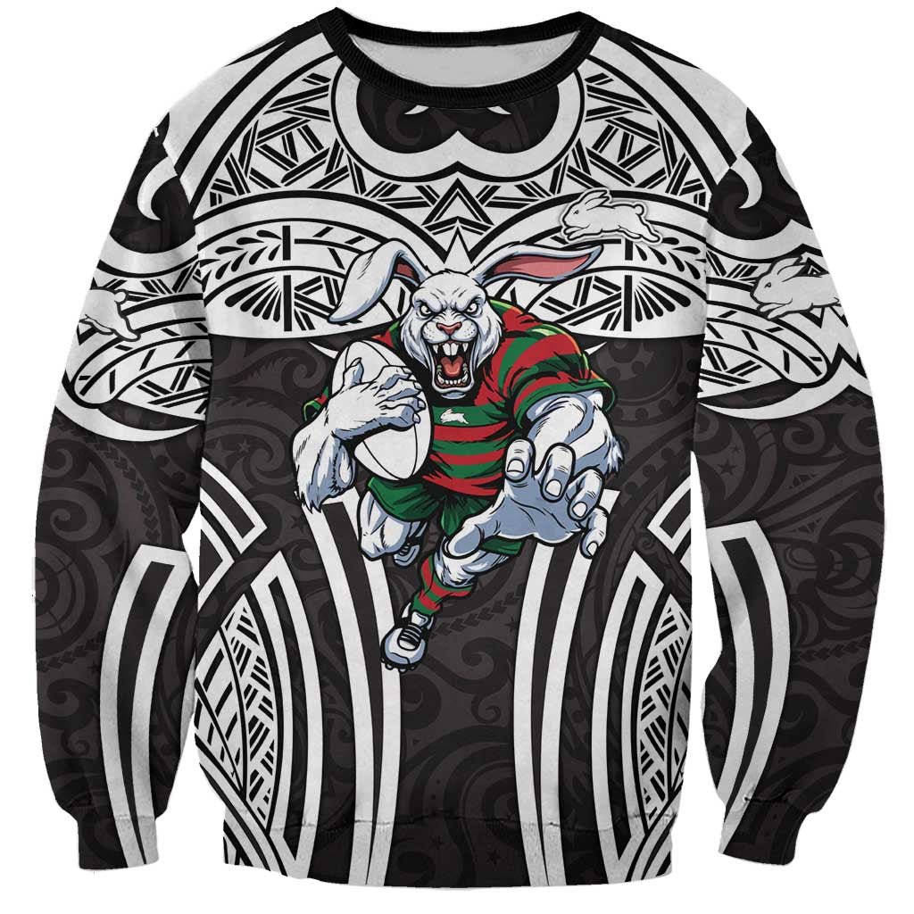 South Sydney Rabbitohs Rugby Sweatshirt Polynesian Tribal Rabbit Warrior Black White Pattern
