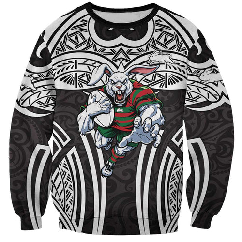 South Sydney Rabbitohs Rugby Sweatshirt Polynesian Tribal Rabbit Warrior Black White Pattern