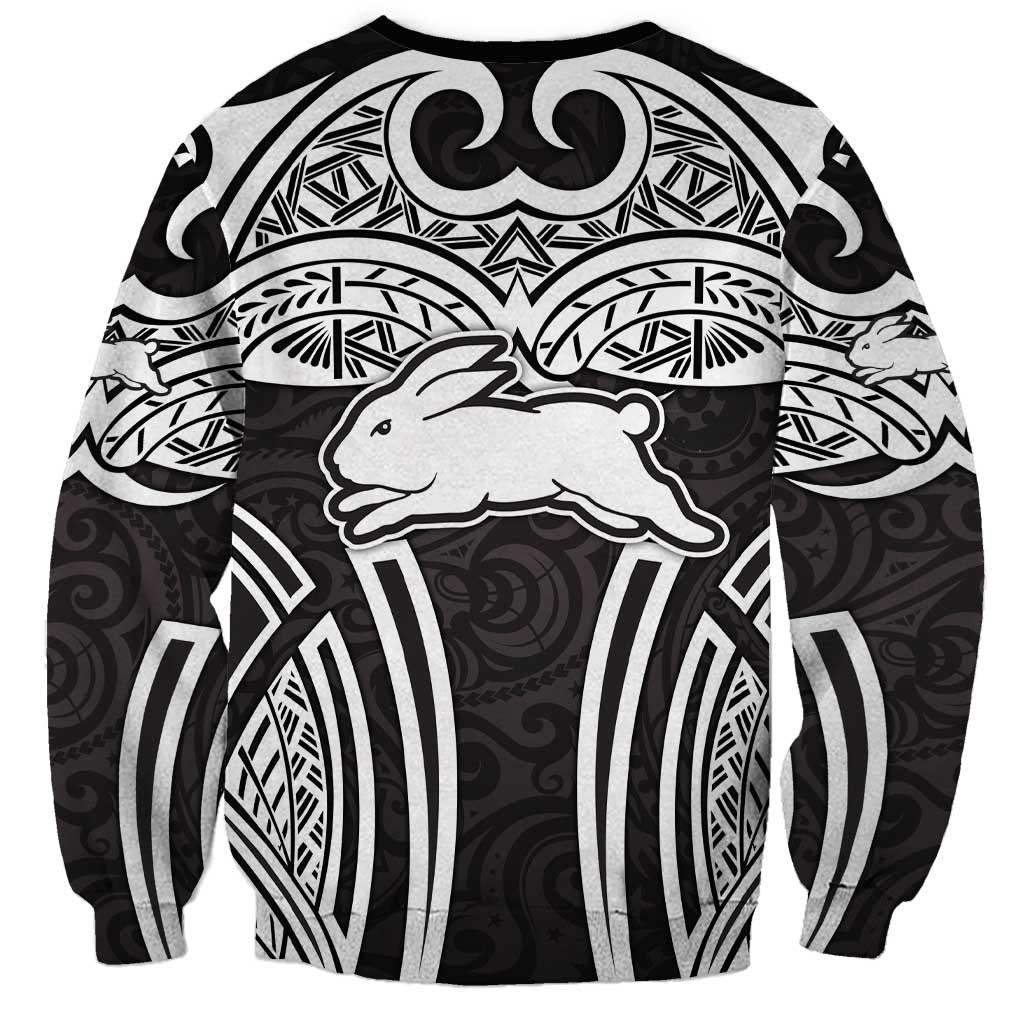 South Sydney Rabbitohs Rugby Sweatshirt Polynesian Tribal Rabbit Warrior Black White Pattern
