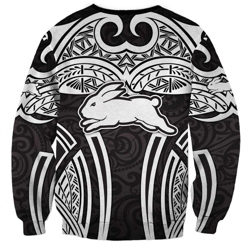 South Sydney Rabbitohs Rugby Sweatshirt Polynesian Tribal Rabbit Warrior Black White Pattern