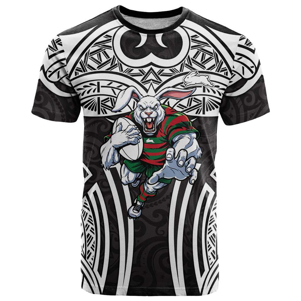 South Sydney Rabbitohs Rugby T Shirt Polynesian Tribal Rabbit Warrior Black White Pattern