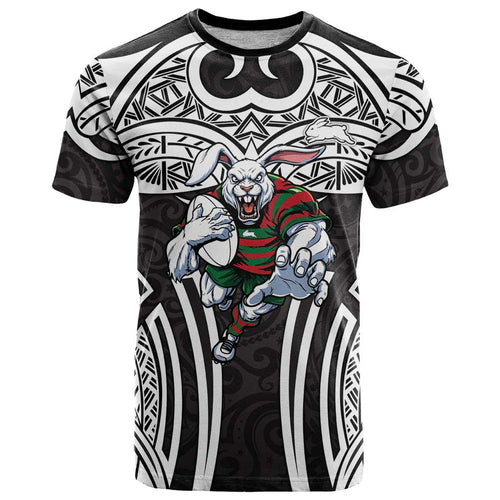 South Sydney Rabbitohs Rugby T Shirt Polynesian Tribal Rabbit Warrior Black White Pattern