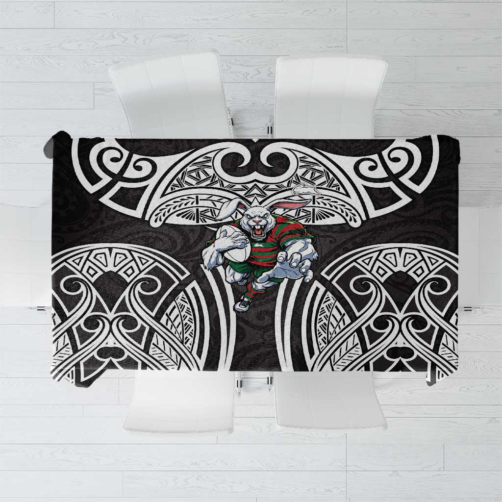 South Sydney Rabbitohs Rugby Tablecloth Polynesian Tribal Rabbit Warrior Black White Pattern