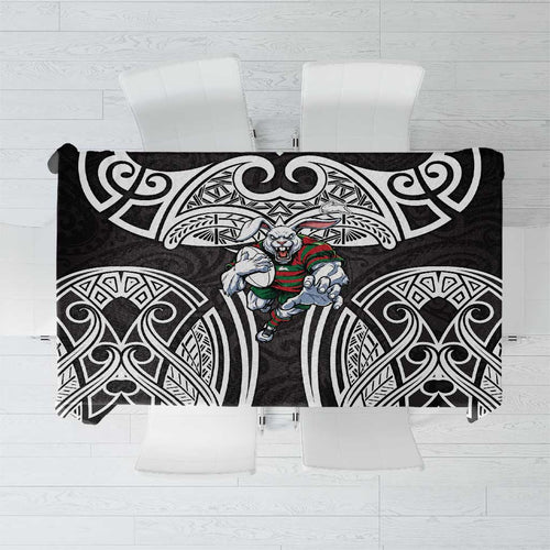 South Sydney Rabbitohs Rugby Tablecloth Polynesian Tribal Rabbit Warrior Black White Pattern