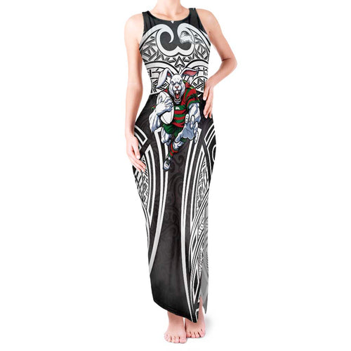 South Sydney Rabbitohs Rugby Tank Maxi Dress Polynesian Tribal Rabbit Warrior Black White Pattern