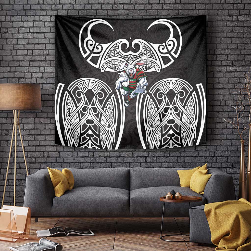 South Sydney Rabbitohs Rugby Tapestry Polynesian Tribal Rabbit Warrior Black White Pattern