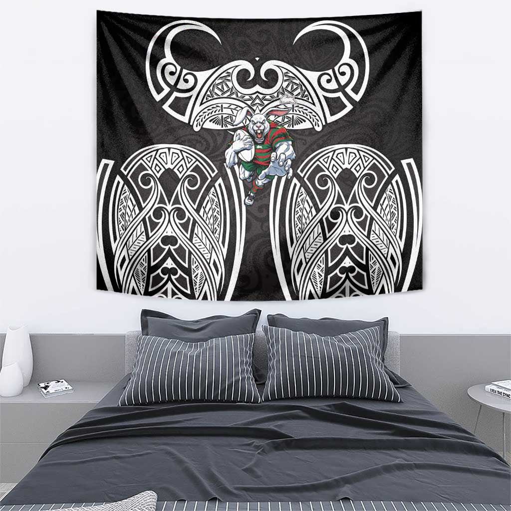 South Sydney Rabbitohs Rugby Tapestry Polynesian Tribal Rabbit Warrior Black White Pattern
