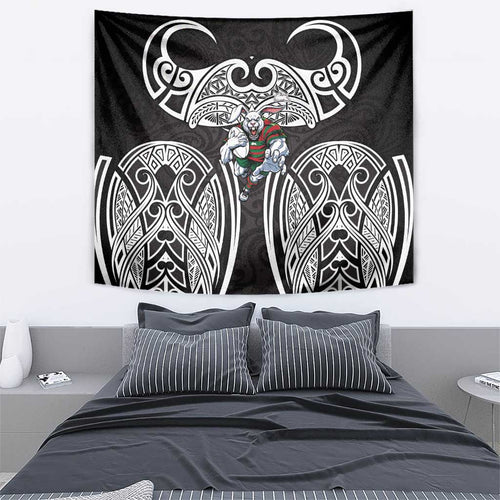 South Sydney Rabbitohs Rugby Tapestry Polynesian Tribal Rabbit Warrior Black White Pattern