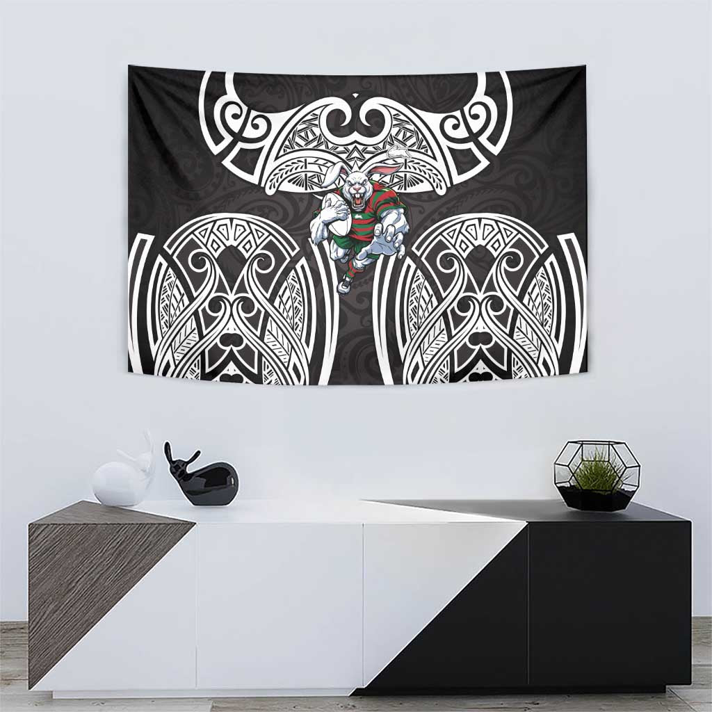 South Sydney Rabbitohs Rugby Tapestry Polynesian Tribal Rabbit Warrior Black White Pattern